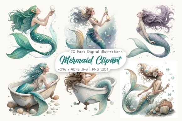 Download Watercolor Mermaid Clipart Bundle - Clipart Collection