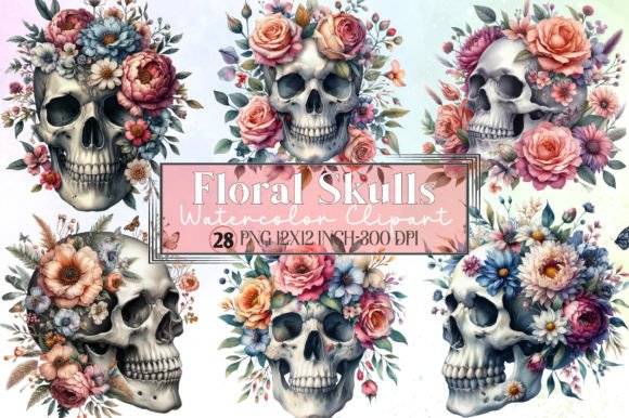 Download 28 PNG Watercolor Floral Skulls Clipart - Clipart Collection