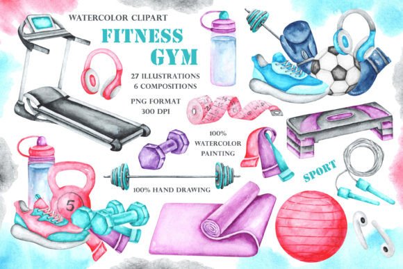 Download Gym, Fitness, Sport Watercolor Clipart. - Clipart Collection