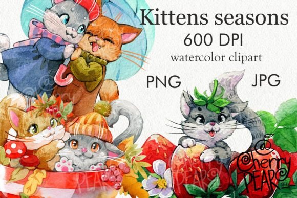 Download Kittens Seasons, Watercolor Cute Clipart - Clipart Collection