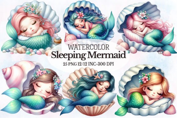 Download Watercolor Sleeping Mermaid Clipart Set - Clipart Collection