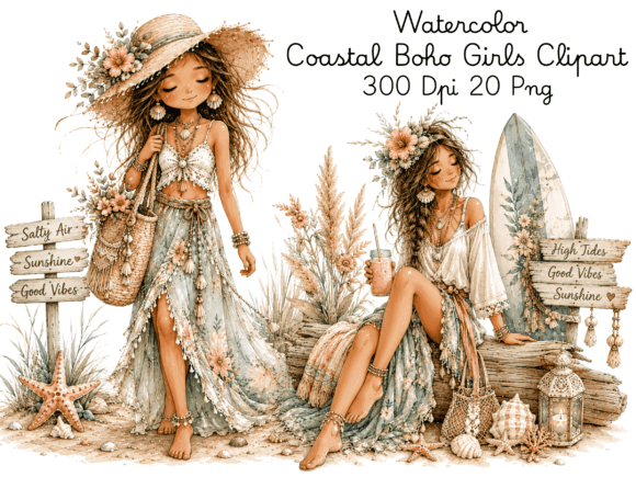 Download Watercolor Coastal Boho Girls Clipart Bu - Clipart Collection
